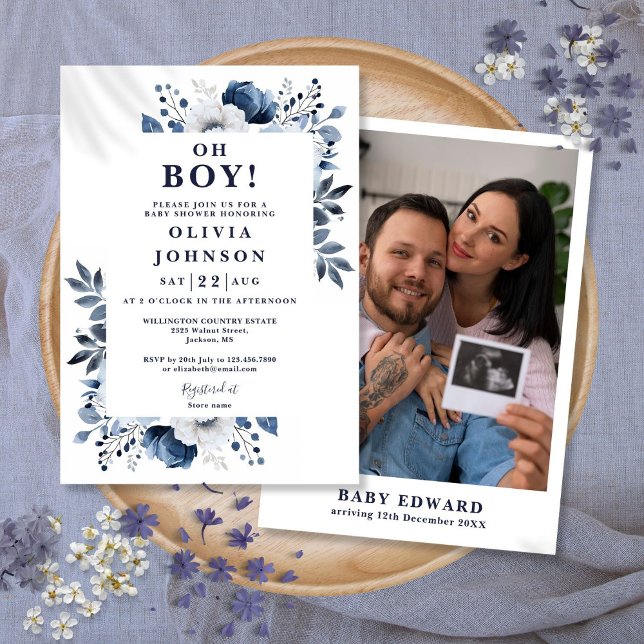 Invitation Oh Boy Navy Blue Floral Baby shower photo (Oh Boy Navy Blue Floral Photo Baby Shower Invitation)