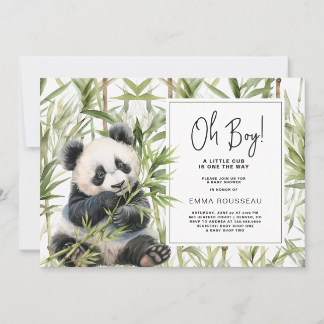 Invitation Oh Boy Panda Bear Bamboo Boy Baby shower (Devant)
