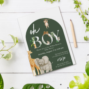 Invitation Oh Boy Safari Animal Jungle Baby shower de verdure