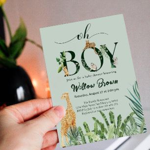 Invitation Oh Boy Safari Animal Jungle Baby shower de verdure