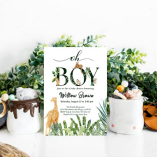 Invitation Oh Boy Safari Animal Jungle Baby shower de verdure