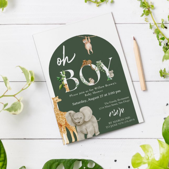 Invitation Oh Boy Safari Animal Jungle Baby shower de verdure (Oh Boy Wild Safari animal card)