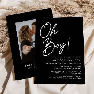 Invitation Oh Boy Script Baby shower photo noir et blanc