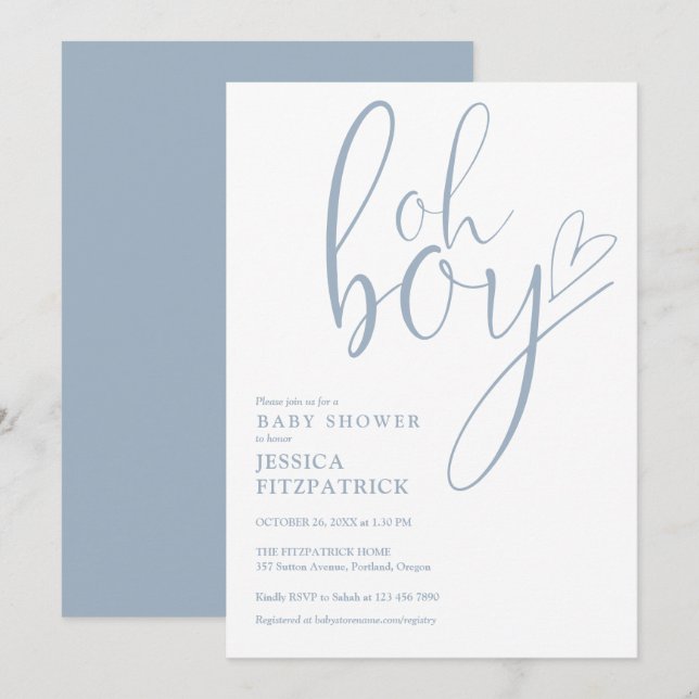 Invitation Oh Boy Script Heart Dusty Blue Boy Baby Shower (Devant / Derrière)