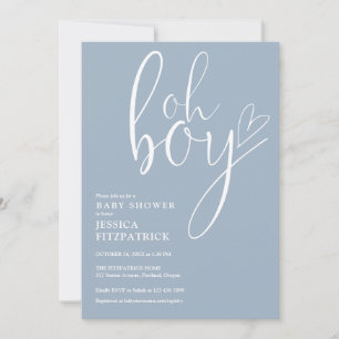 Invitation Oh Boy Script Heart Dusty Blue Garçon Baby Shower