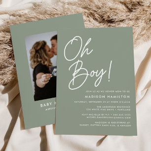 Invitation Oh Boy Script Sage Green Photo Baby shower