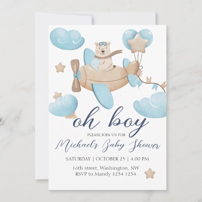 Invitation Oh Boy Teddy Bear Baby shower d'avion (Devant)