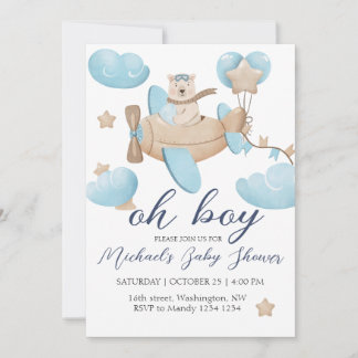 Invitation Oh Boy Teddy Bear Baby shower d'avion