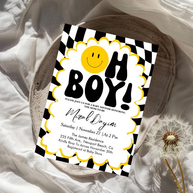 Invitation Oh Boy! Yellow Checkered Happy Face Baby Shower (Créateur téléchargé)