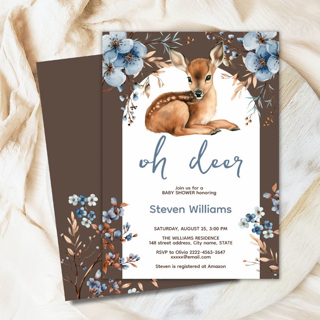 Invitation Oh cerf mignon forêt fleurons rustiques baby showe (Oh deer rustic blue florals with cute forest deer baby shower invitation, gender neutral, woodland )