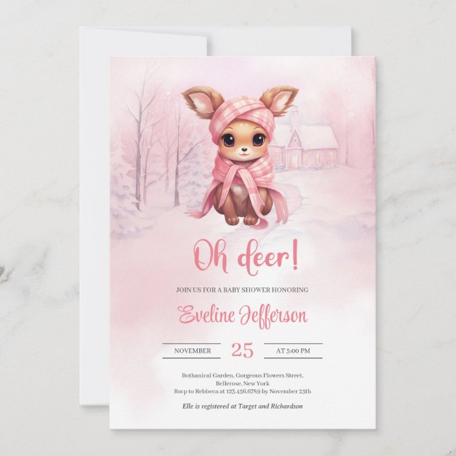 Invitation Oh cerf mignon petit cerf rose en forêt hivernale (Devant)