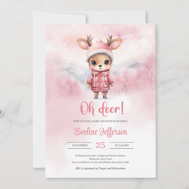 Invitation Oh cerf petit cerf rose fille d'hiver Baby shower (Devant)