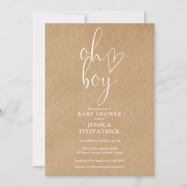 Invitation Oh Coeur Garçon Rustique Kraft Tout En Un Baby sho (Devant)