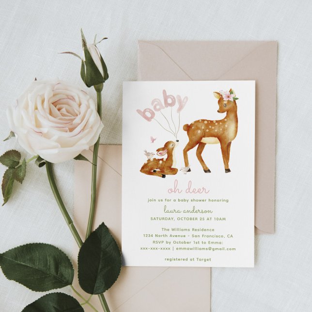 Invitation Oh Deer Aquarelle Baby shower Floral (baby shower invitation with mother and baby deer illustrations in watercolor painting)