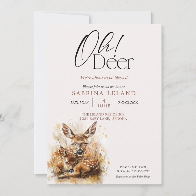 Invitation Oh Deer ! Aquarelle Fawn et Doe Baby shower (Devant)