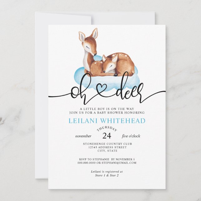 Invitation Oh Deer Baby shower Aquarelle Bleu Cloud (Devant)