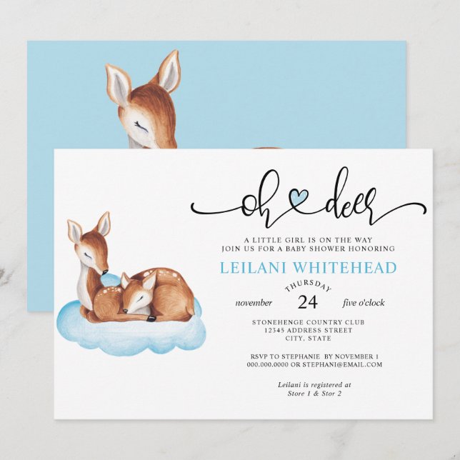 Invitation Oh Deer Baby shower Aquarelle Bleu Cloud (Devant / Derrière)