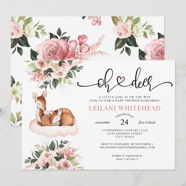 Invitation Oh Deer Baby shower Aquarelle Florale Botanique (Devant / Derrière)