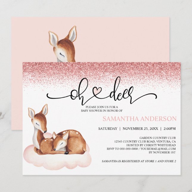 Invitation Oh Deer Baby shower aquarelle Parties scintillant  (Devant / Derrière)