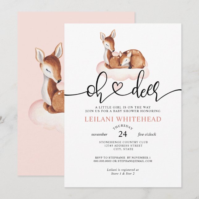 Invitation Oh Deer Baby shower aquarelle rose nuage (Devant / Derrière)