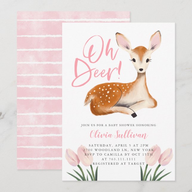 Invitation Oh Deer Baby shower Floral rose (Devant / Derrière)