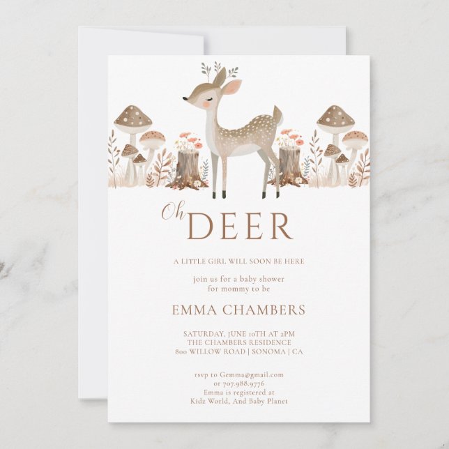 Invitation Oh Deer Boho Woodland Animaux Fille Baby shower (Devant)