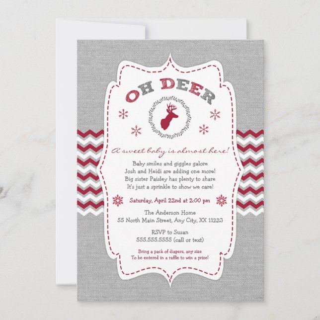Invitation Oh Deer Buck Baby Sprinkle hiver rouge neutre (Devant)