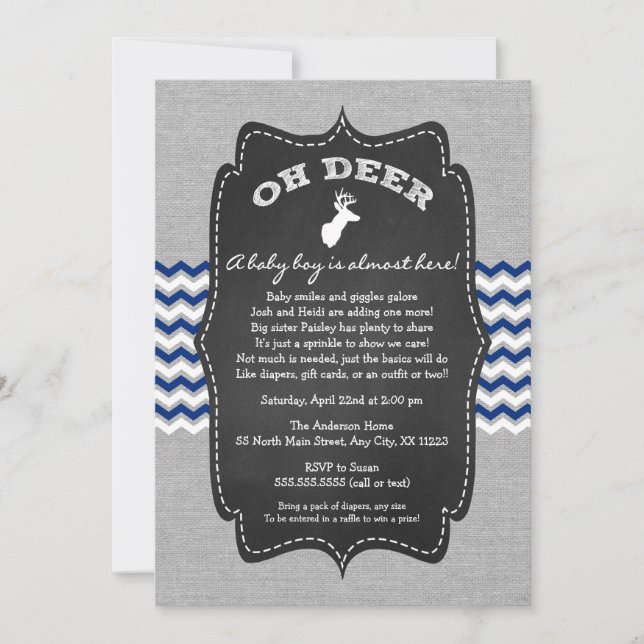 Invitation Oh Deer Buck Buck Bébé Saupoudrer marine gris blan (Devant)