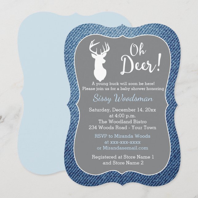 Invitation Oh Deer Buck Grey et Denim Boy Baby shower (Devant / Derrière)