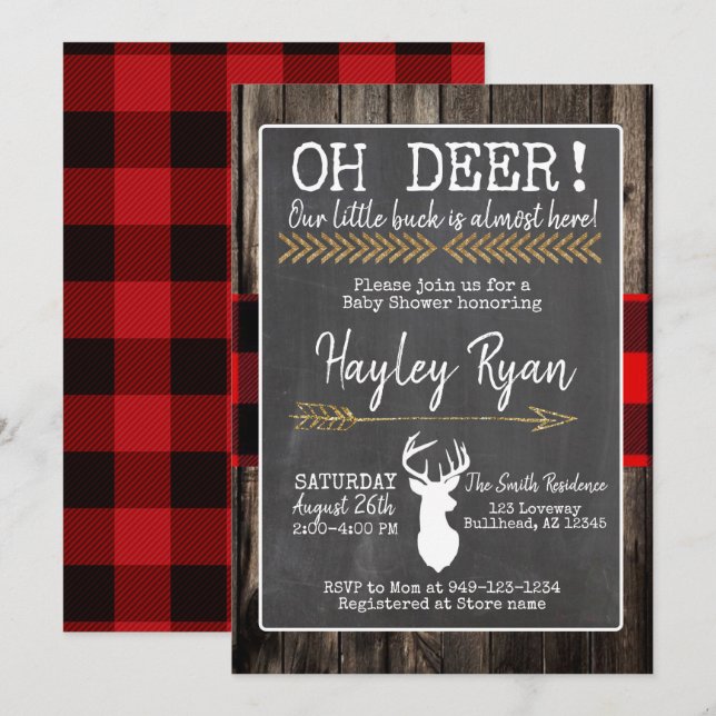 Invitation OH Deer ! Little Buck Buffalo Plaid Baby shower (Devant / Derrière)