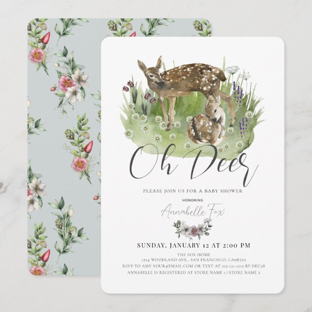 Invitation Oh Deer Maman & Fawn Floral Boy Baby shower (Devant / Derrière)