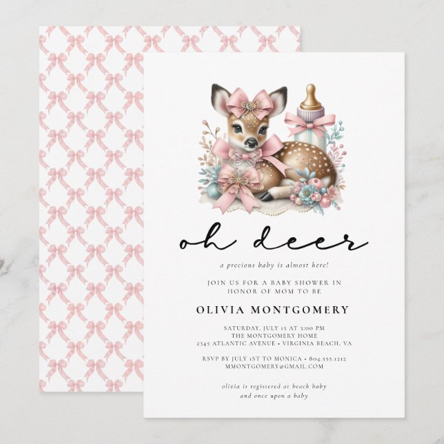 Invitation Oh Deer Pink Bows Woodland Forest Baby Shower  (Devant / Derrière)