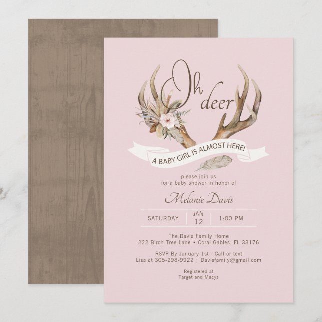Invitation Oh Deer rose Aquarelle Baby shower Antler (Devant / Derrière)