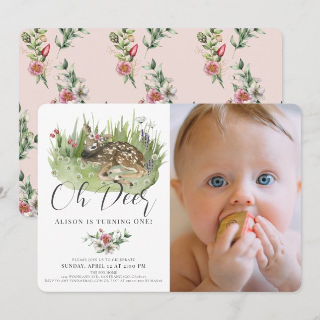 Invitation Oh Deer Rose Floral Girl Photo 1er anniversaire (Devant / Derrière)