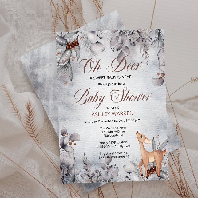 Invitation Oh Deer Rustic Winter Floral Baby shower ("Oh Deer A Sweet Baby Is Near!"  Winter Woodland Deer-Themed Baby Shower Invitation)