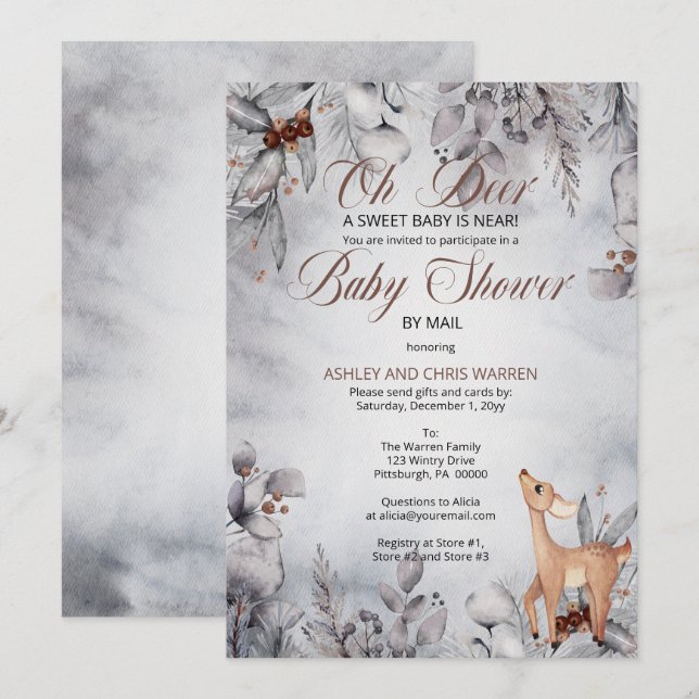 Invitation Oh Deer Rustic Winter Floral Baby shower par Mail  (Devant / Derrière)