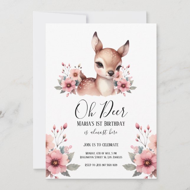 Invitation Oh Deer Watercolor fête d'anniversaire (Devant)