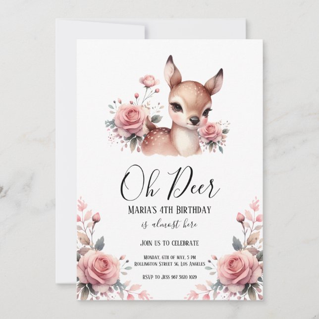 Invitation Oh Deer Watercolor Rose fête d'anniversaire (Devant)