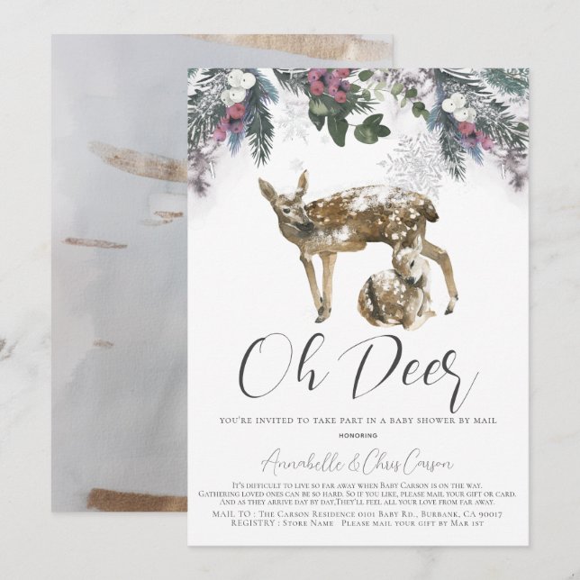 Invitation Oh Deer Winter Foliage Baby shower par la poste (Devant / Derrière)