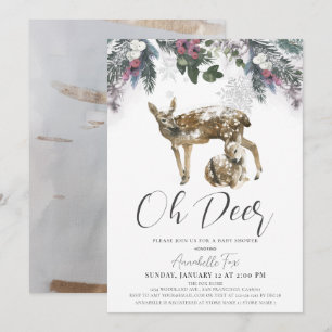 Invitation Oh Deer Winter Foliing & Red Berries Baby shower