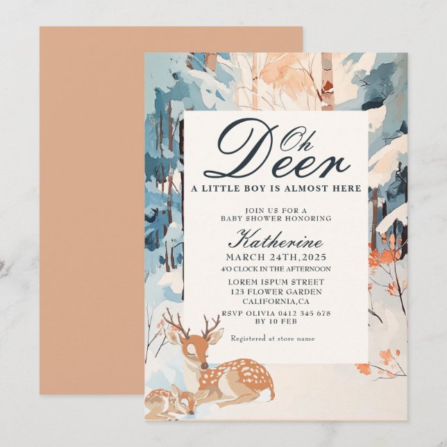 Invitation Oh Deer Winter Woodland Snowland Forest baby showe (Devant / Derrière)