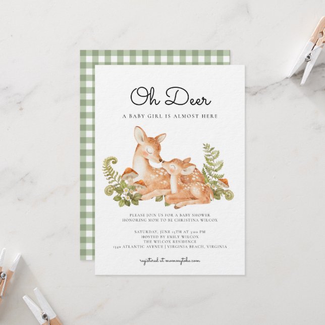 Invitation Oh Deer Woodland Forest Baby Shower  (Devant/Arrière en situation)