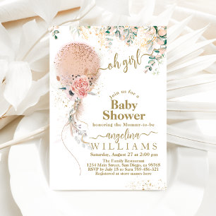 Invitation Oh Fille Balloon rose Baby shower Floral Eucalyptu