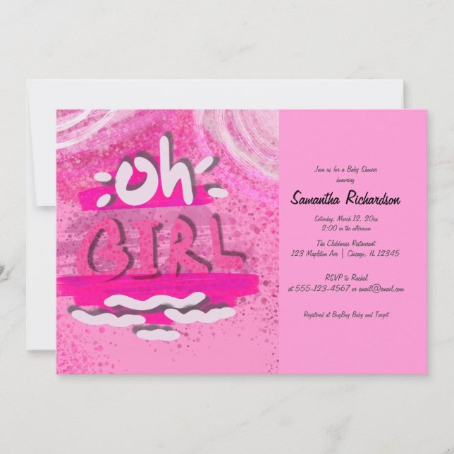 Invitation "OH FILLE" | Calligraphie rose bébé fille douche (Devant)