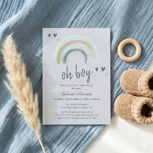 Invitation Oh Garçon Baby Shower Bleu Boho Arc-en-ciel
