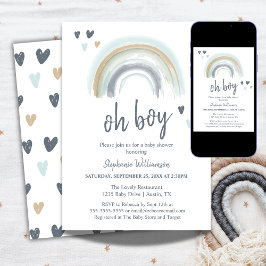 Invitation Oh garçon Baby shower bleu Boho arc en ciel