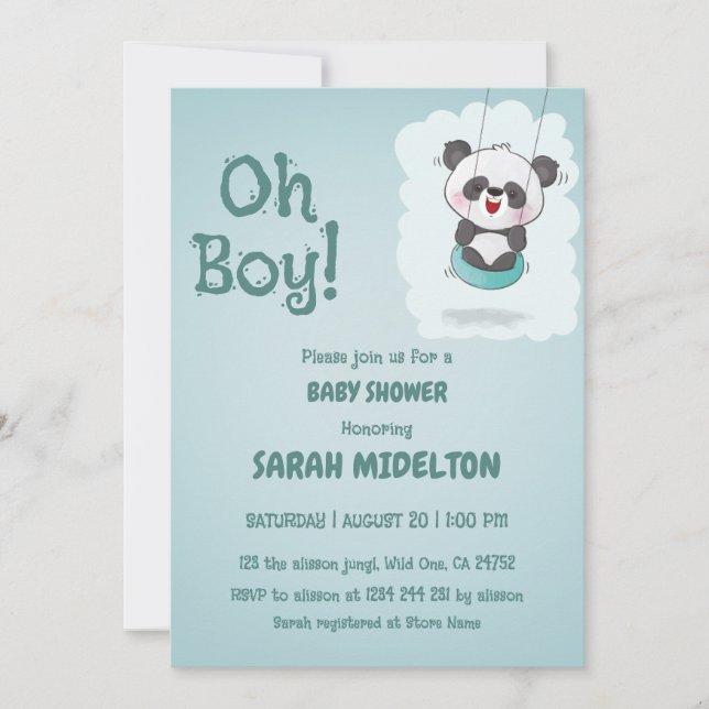 Invitation oh garçon baby shower bleu panda (Devant)