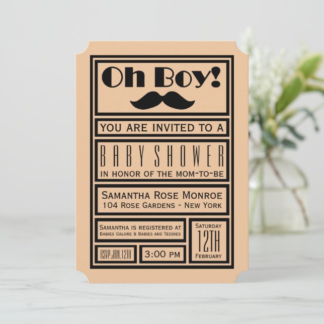 Invitation Oh garçon Baby shower de moustache noire (Debout devant)