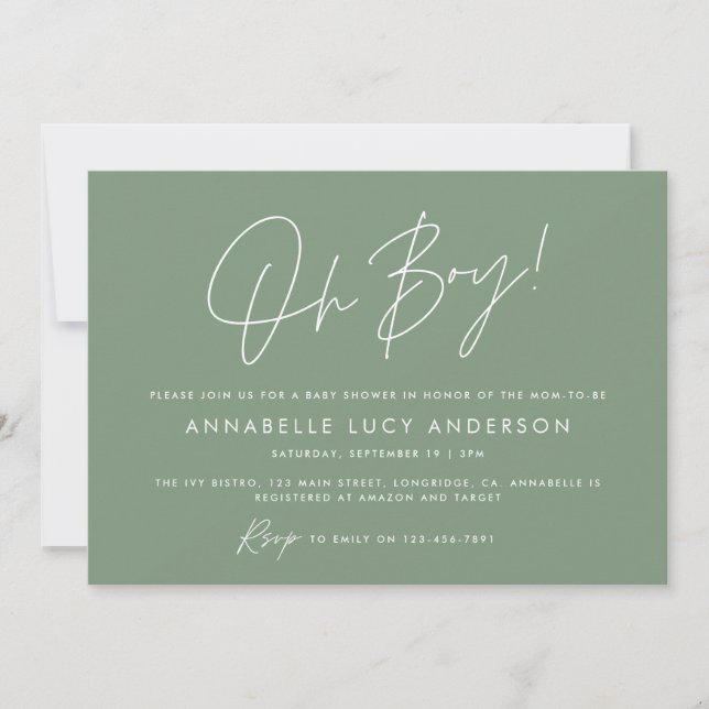 Invitation oh garçon Baby shower script vert moderne boho (Devant)