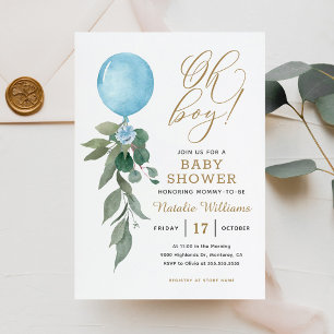 Invitation Oh Garçon Ballon Bleu Verdure Baby Shower